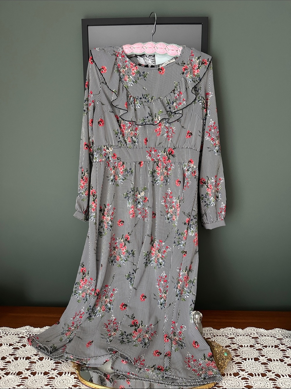 Floral Stripe Midi Dress with Ruffle Yoke - Pink/Black